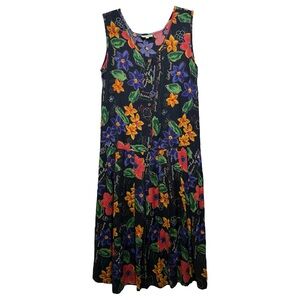 Vintage 90s Floral Garden Drop Waist Midi Dress Size Medium Black Sleeveless